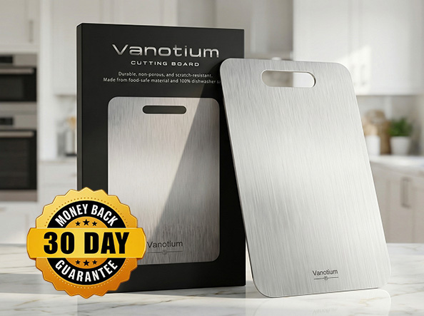 Vanotium cutting board next to luxury display packaging
